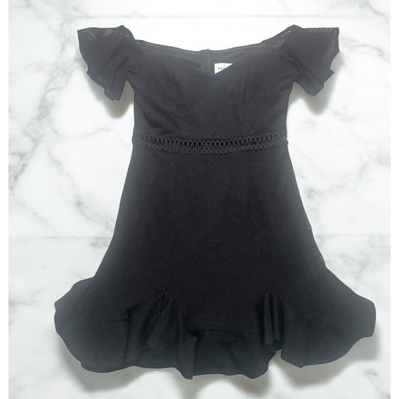 Hello Molly Black Mesh Mini In Other News Dress Sz 8 Sweetheart Neck Ruffle Hem - Picture 14 of 14